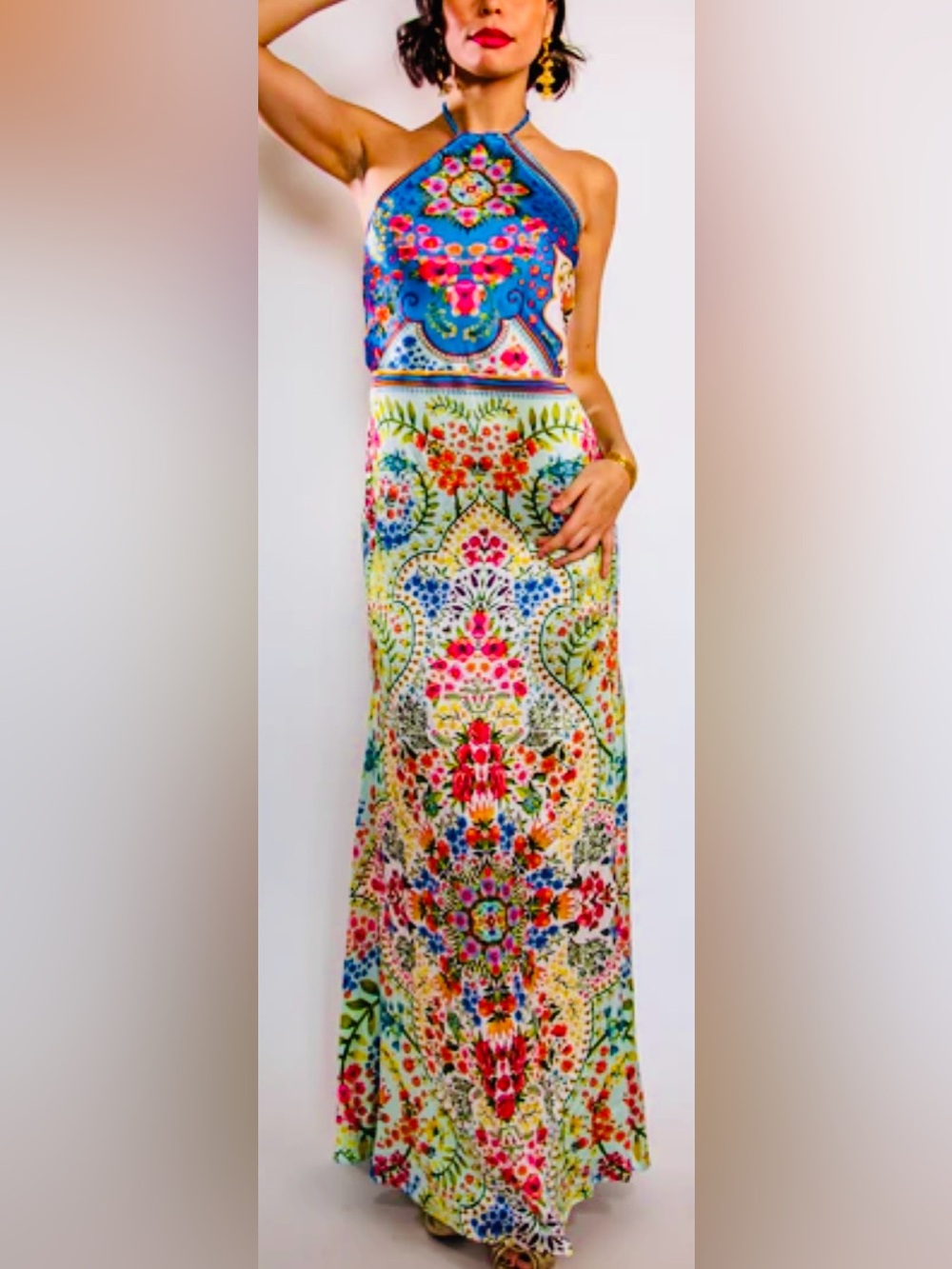 TRISHA PATERSON COLLECTION Joie De Vie Halter Maxi Dress Bloom NWT Large